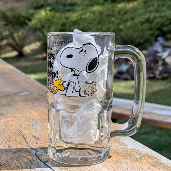 Vtg Snoopy Woodstock Root Beer Glass Mug Peanuts 1965 5.75" Tall Thick Glass - Picture 1 of 6